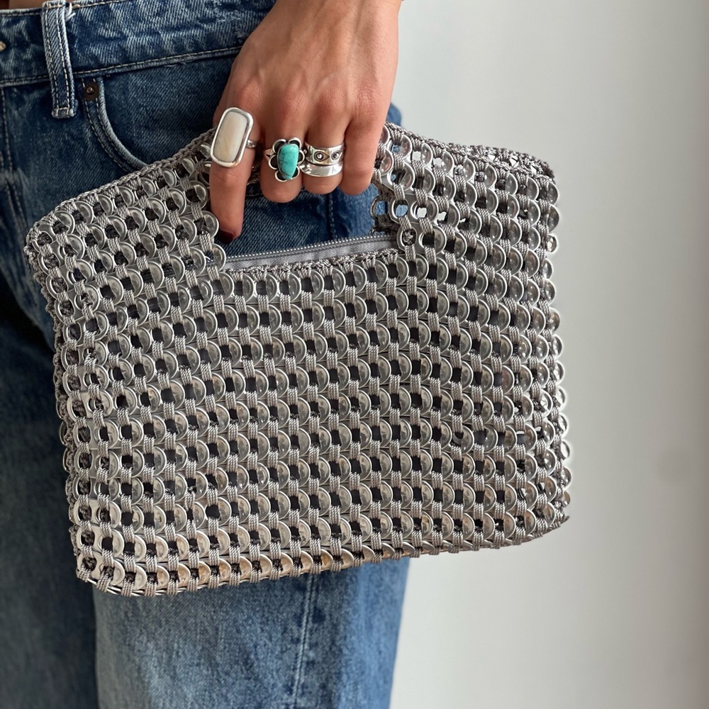 Silver Artisanal Clutch with Woven Texture